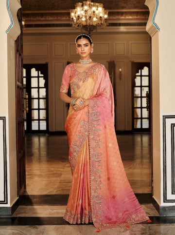 Peach, Coral Orange & Pink Tissue Satin Traditional Saree with Embroidery & Handwork - 7803